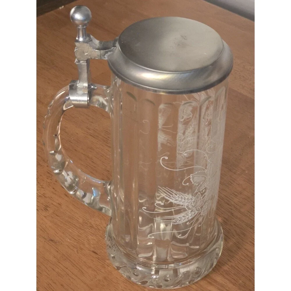 Vintage Rastal West Germany Cut Glass Beer Stein Pewter Lid Etched Hops Wheat...